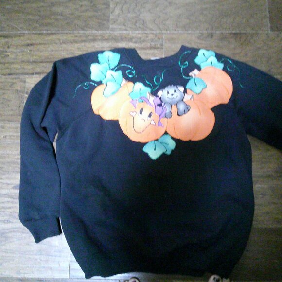 ART TO WEAR VINTAGE PUFFY FABRIC PAINTED HALLOWEEN SWEATSHIRT MED HANES - Picture 1 of 5